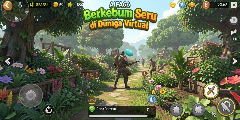 Tampilan gameplay AIFA66 dengan kebun yang rimbun dan hewan peliharaan.