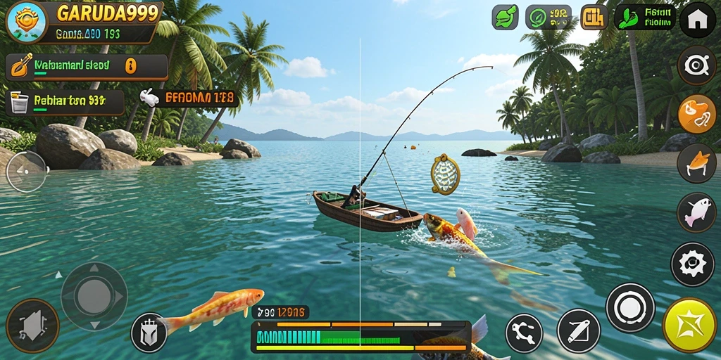 Screenshot gameplay GARUDA999 dengan berbagai jenis ikan dan alat pancing.