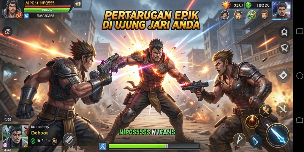 Screenshot menunjukkan pertarungan epik dengan karakter khas MPO555.