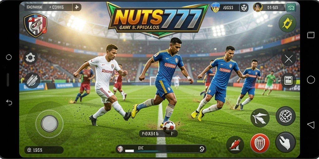 Tampilan gameplay NUTS777 dengan aksi sepak bola yang seru.