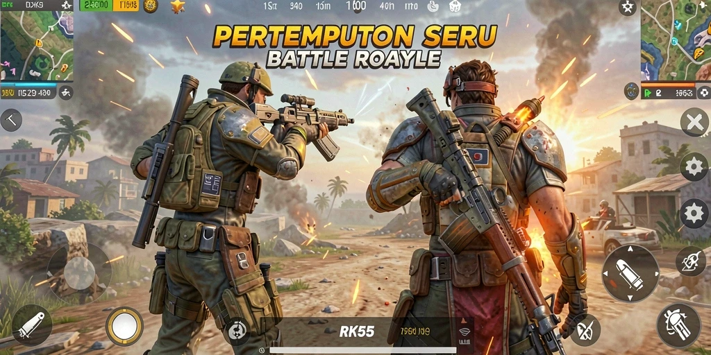 Tangkapan layar utama RK55 menampilkan pertempuran di pulau yang menegangkan.