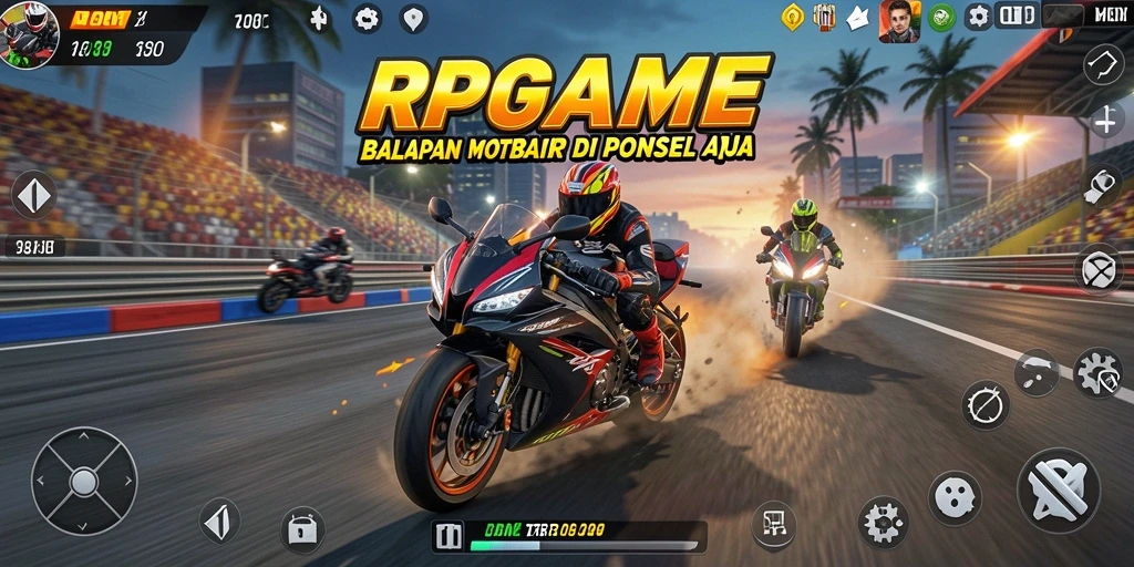Tampilan gameplay RPGAME dengan motor balap yang keren dan trek menantang.