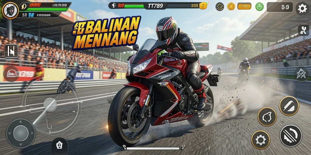 Screenshot TT789 menampilkan pengendara motor melaju kencang di trek balapan.