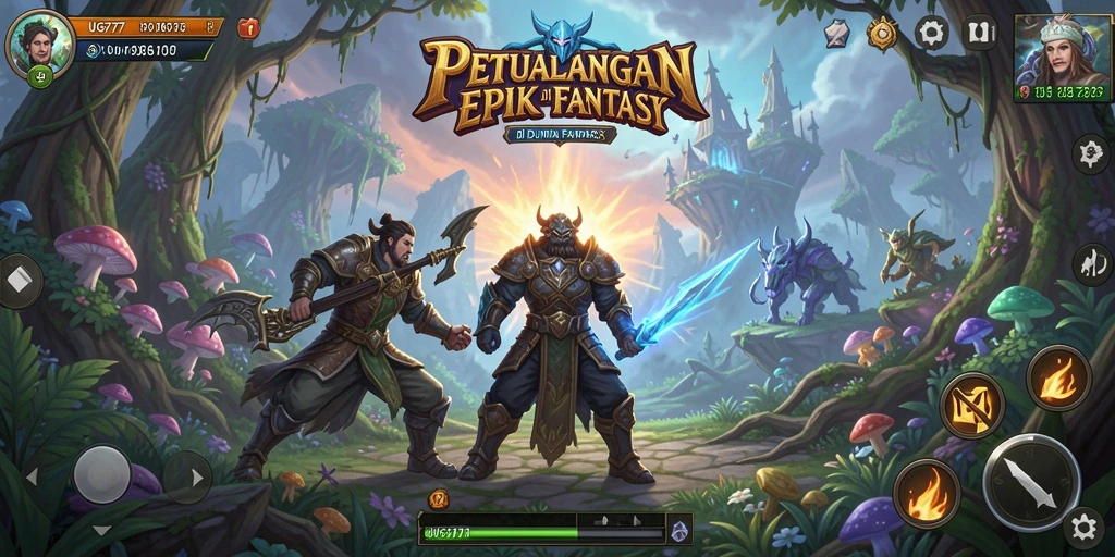 Tampilan gameplay UG777 dengan pertarungan seru di dunia fantasi.