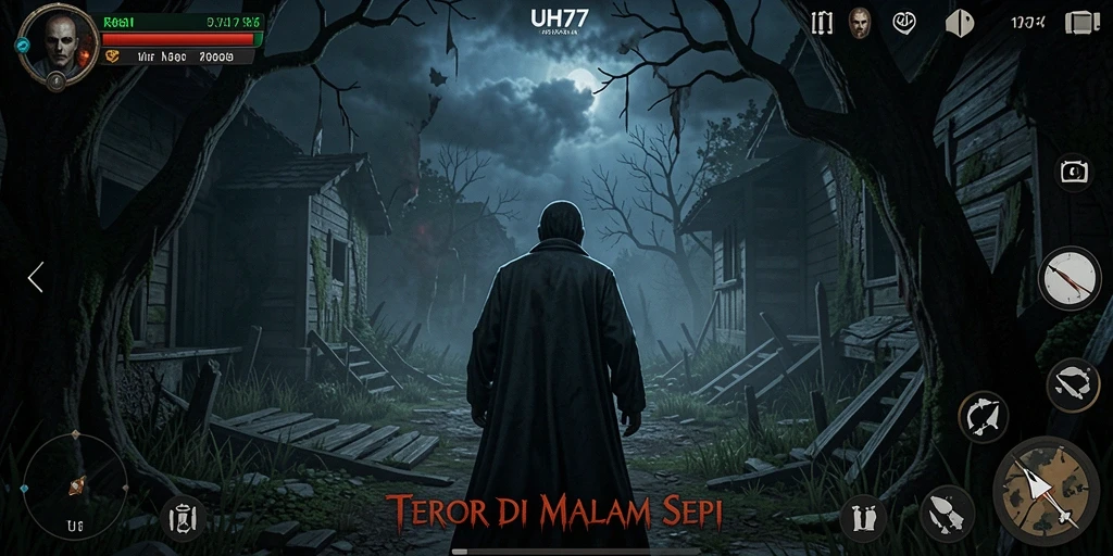 Gameplay UH77 menampilkan suasana kegelapan yang menakutkan dan menegangkan.